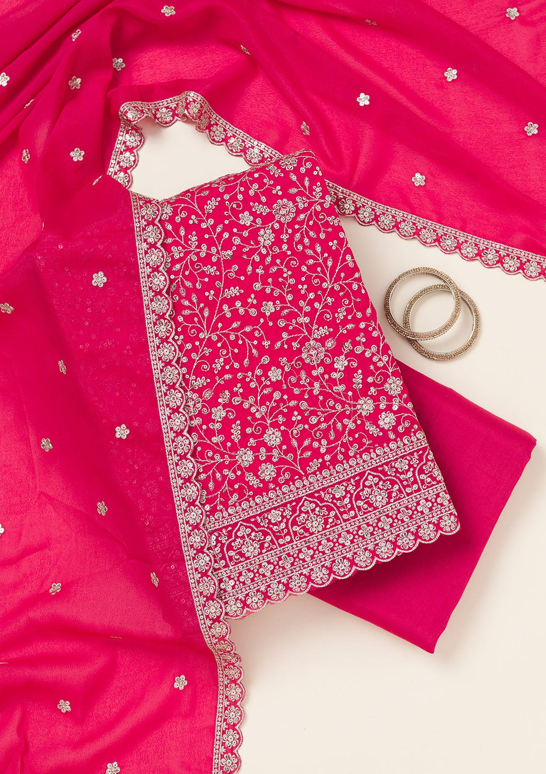 Rani Pink Threadwork Georgette Unstitched Salwar Suit-koskii