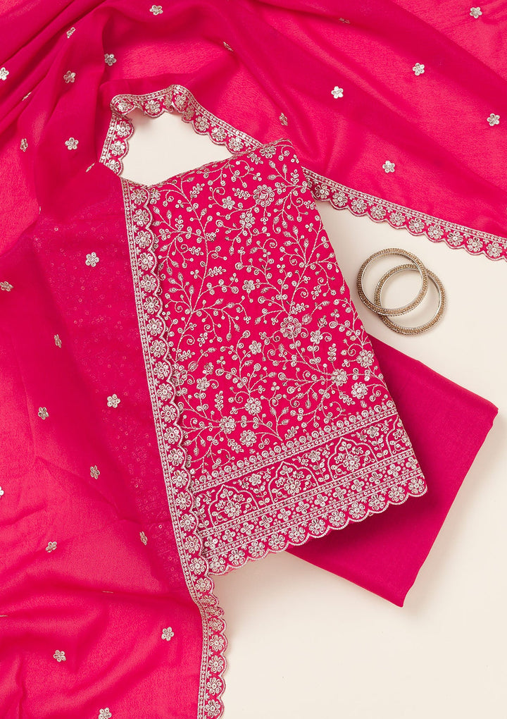 Rani Pink Threadwork Georgette Unstitched Salwar Suit-koskii