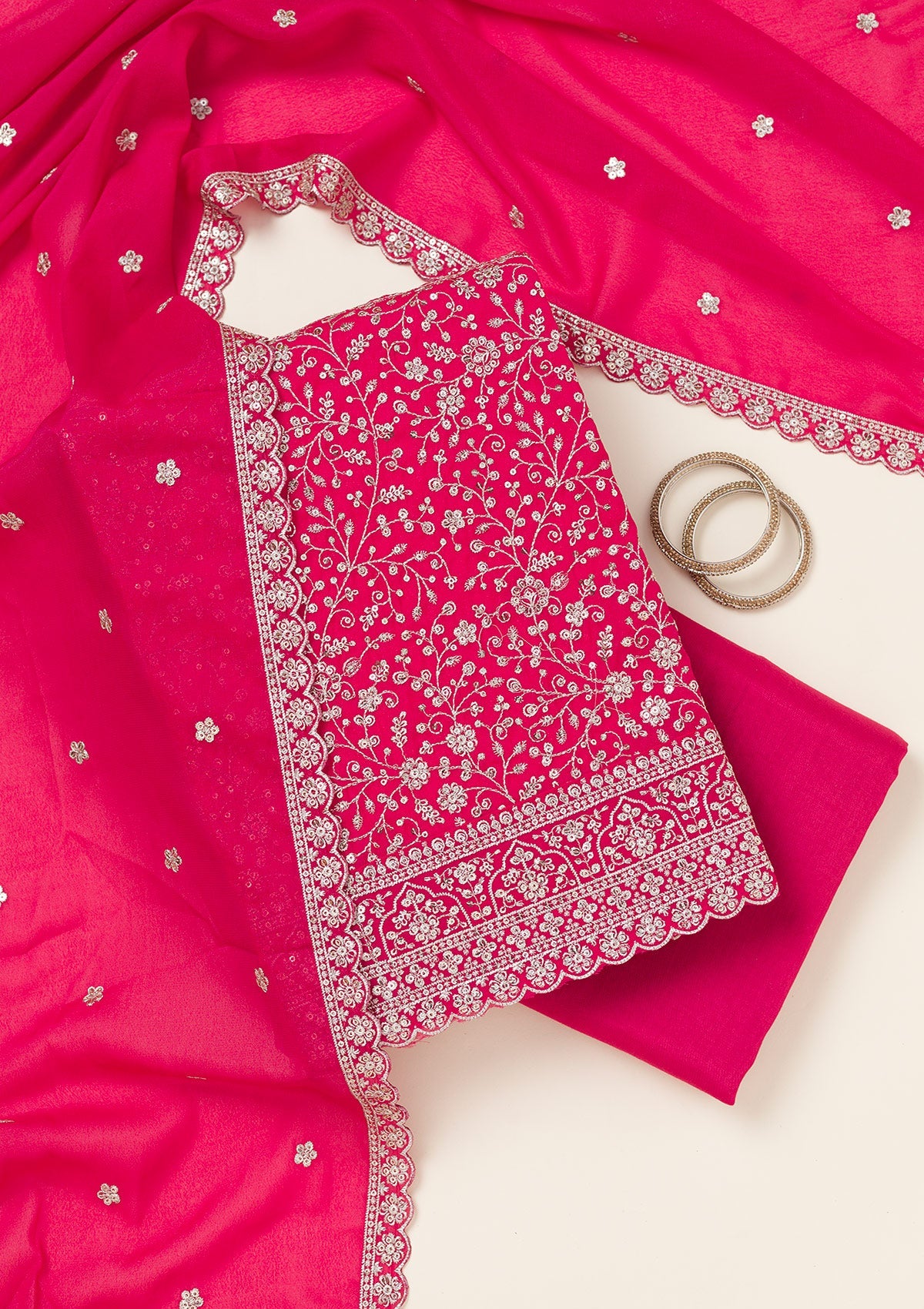 Rani Pink Threadwork Georgette Unstitched Salwar Suit-koskii