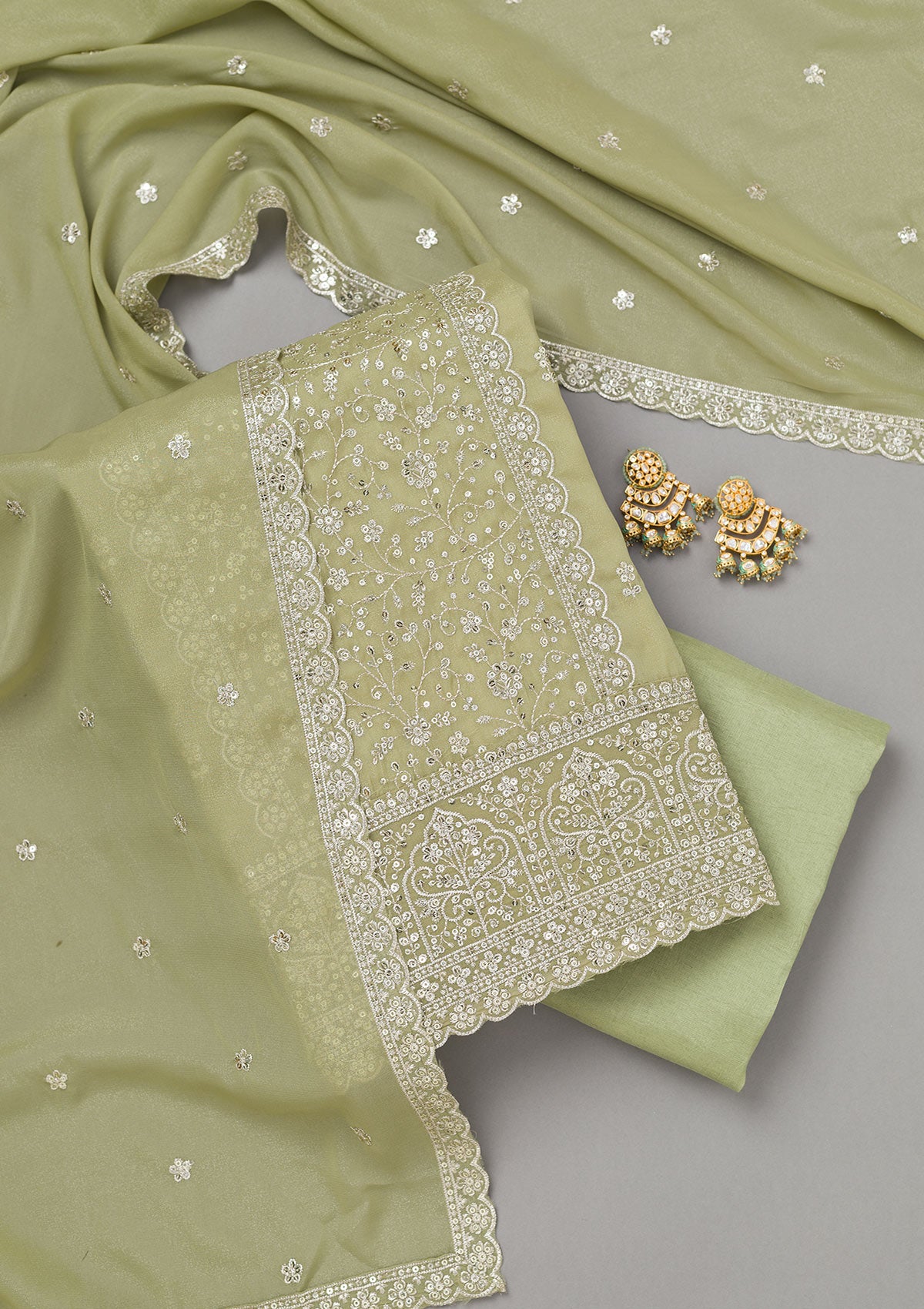 Pista Green Zariwork Georgette Unstitched Salwar Suit