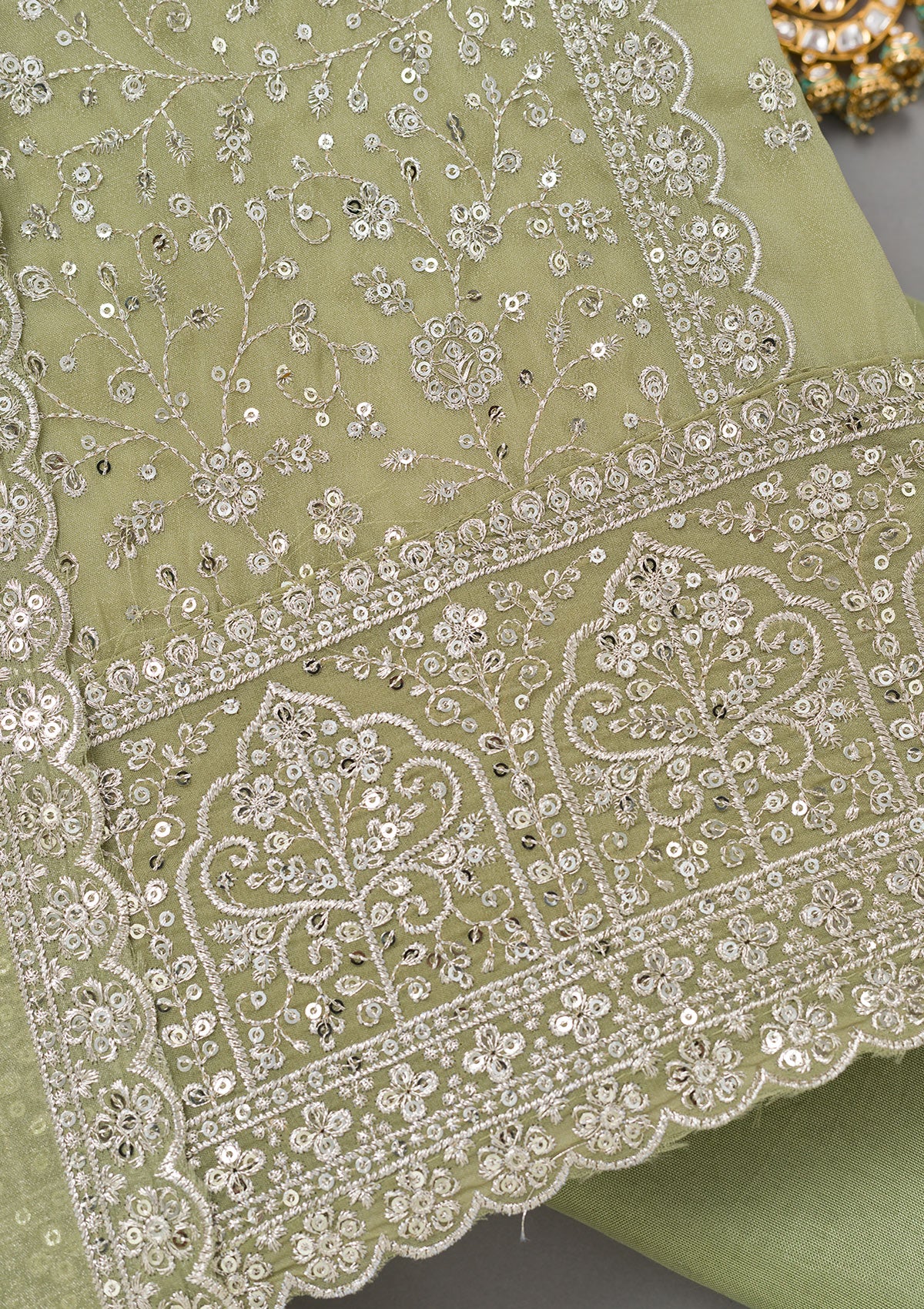 Pista Green Zariwork Georgette Unstitched Salwar Suit