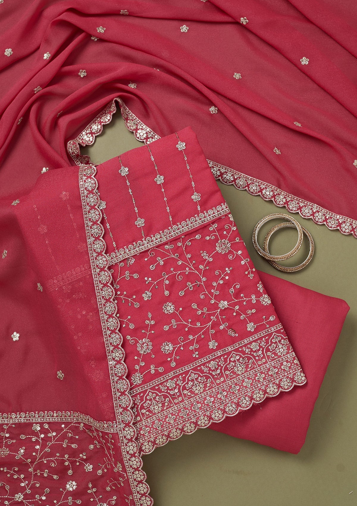 Onion Pink Zariwork Georgette Unstitched Salwar Suit-koskii