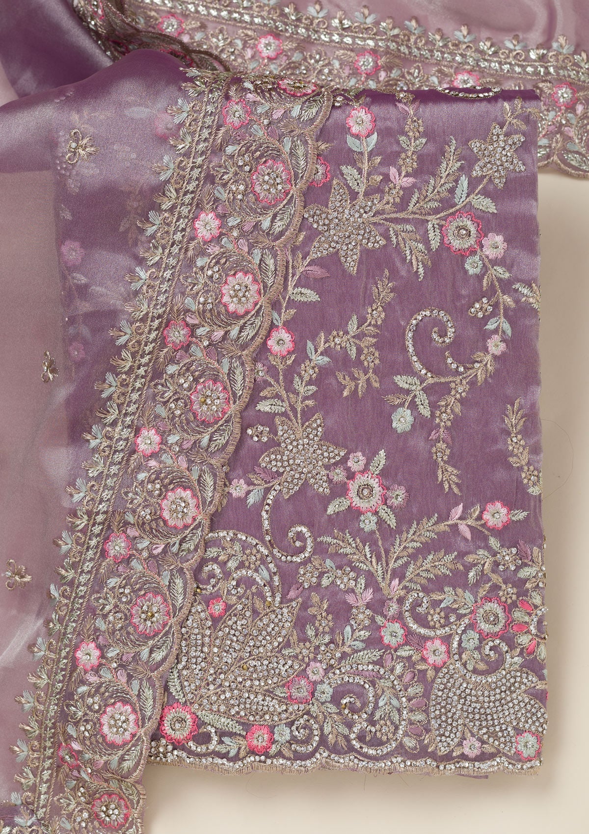 Bottle Green Stonework Chiffon Saree-koskii