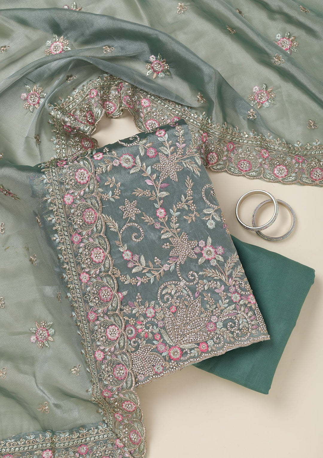 Bottle Green Stonework Chiffon Saree-koskii