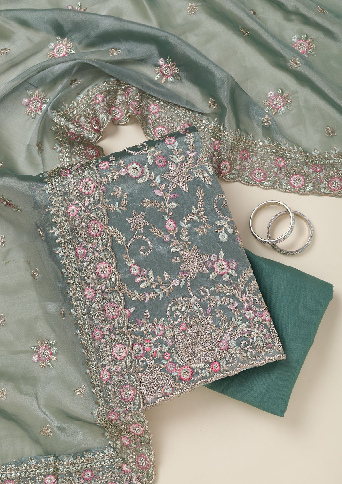 Bottle Green Stonework Chiffon Saree-koskii