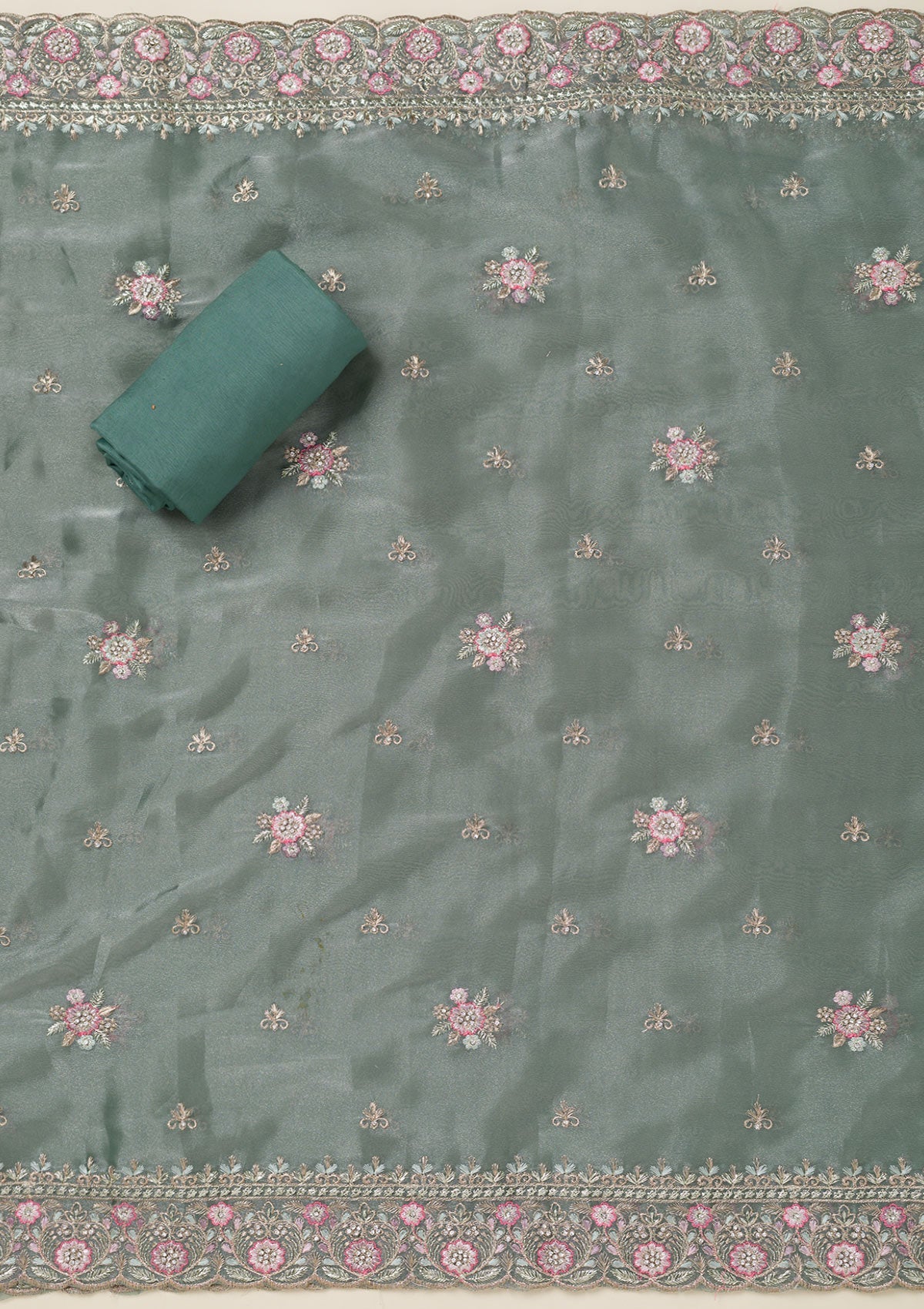 Bottle Green Stonework Chiffon Saree-koskii