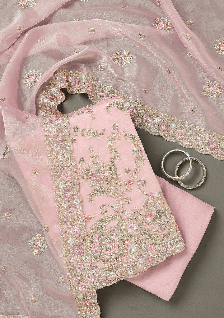 Pink Stonework Semi Crepe Unstitched Salwar Suit-Koskii