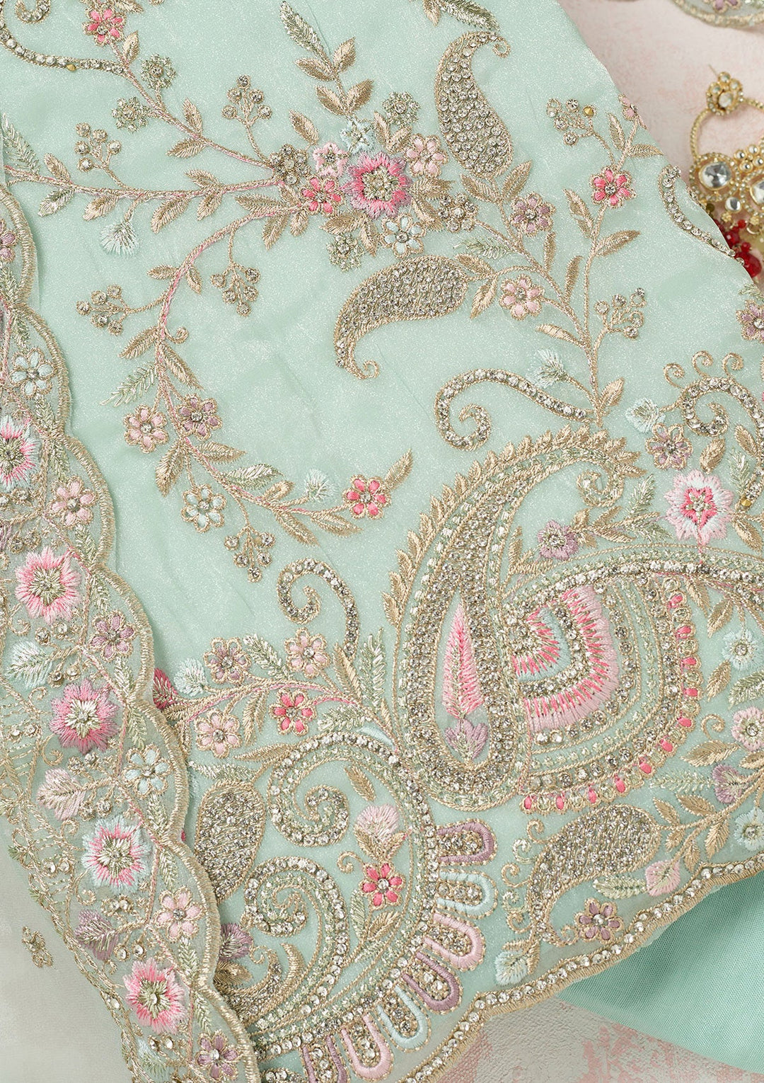 Sea Green Stonework Semi Crepe Unstitched Salwar Suit-Koskii