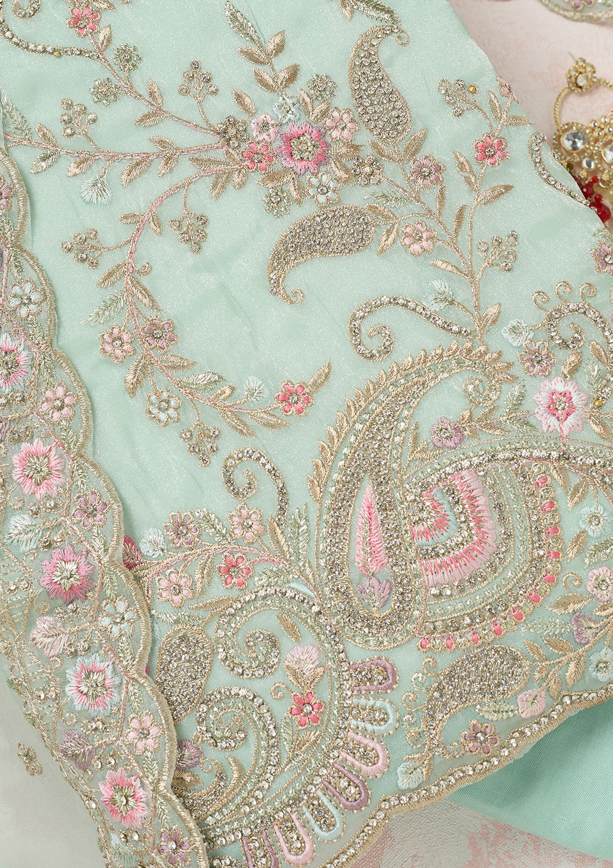 Sea Green Stonework Semi Crepe Unstitched Salwar Suit-Koskii