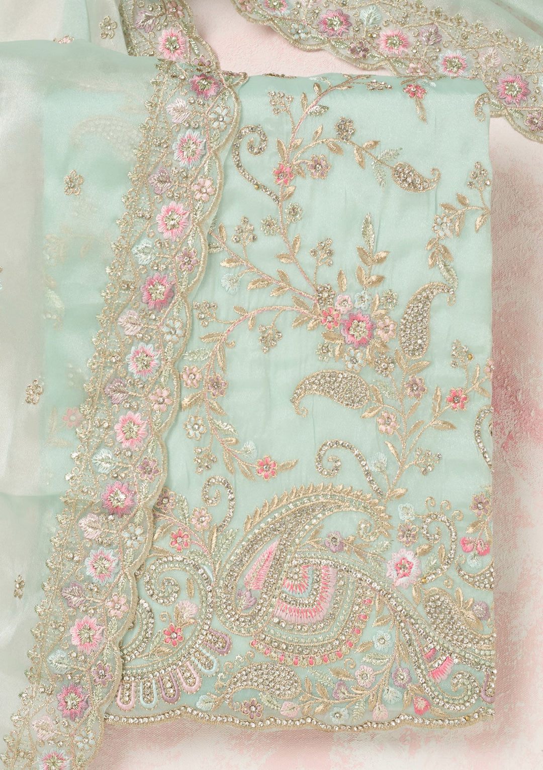 Sea Green Stonework Semi Crepe Unstitched Salwar Suit-Koskii