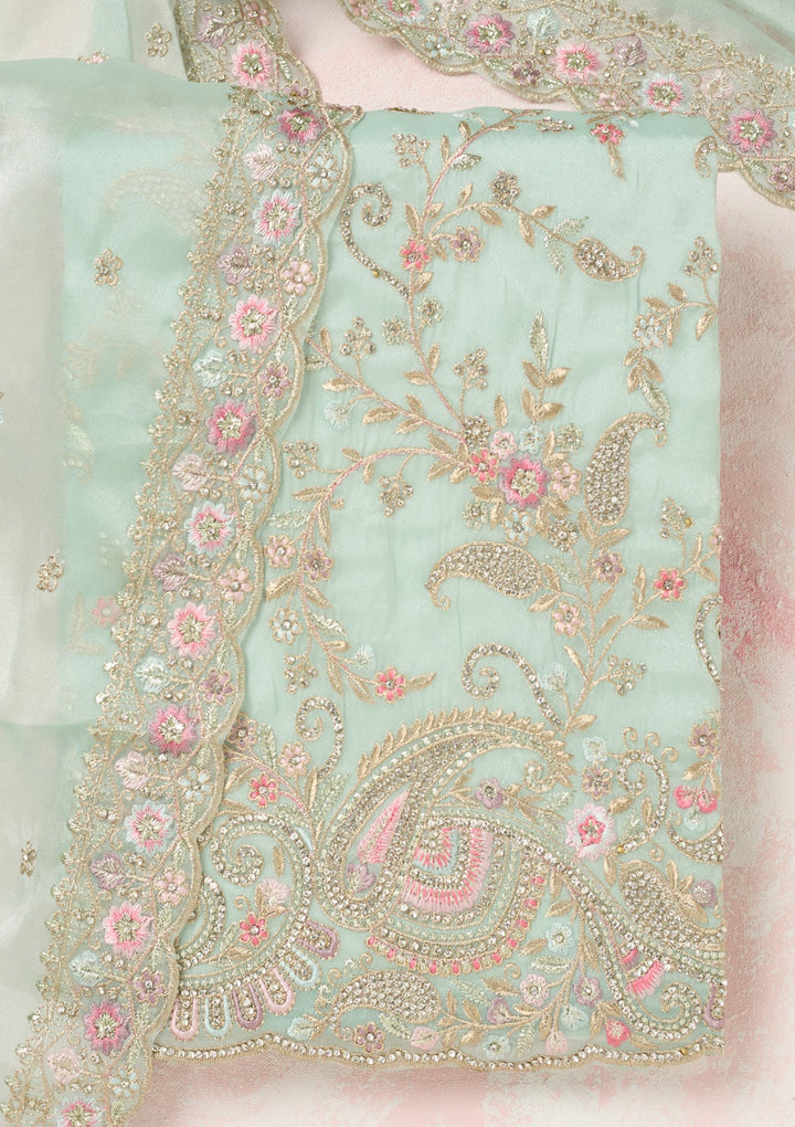 Sea Green Stonework Semi Crepe Unstitched Salwar Suit-Koskii