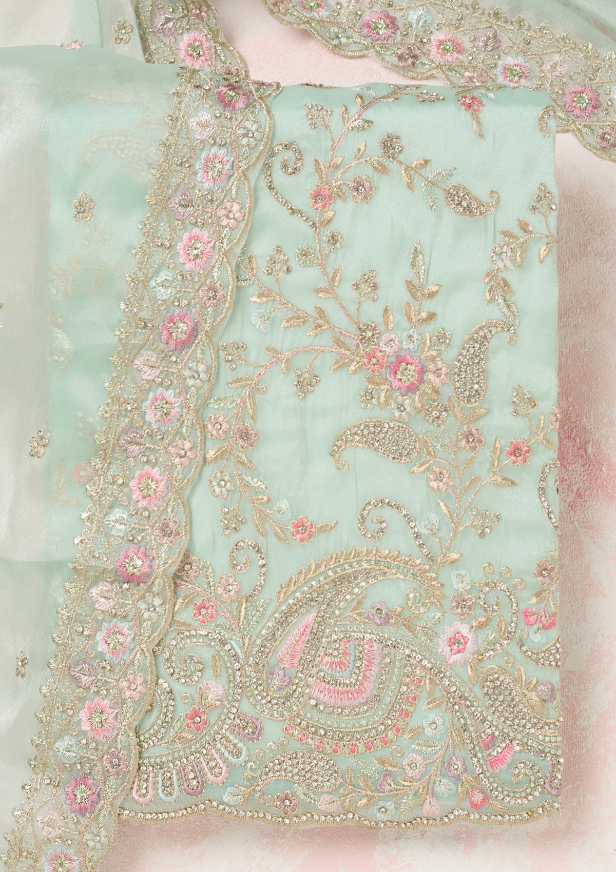 Sea Green Stonework Semi Crepe Unstitched Salwar Suit-Koskii