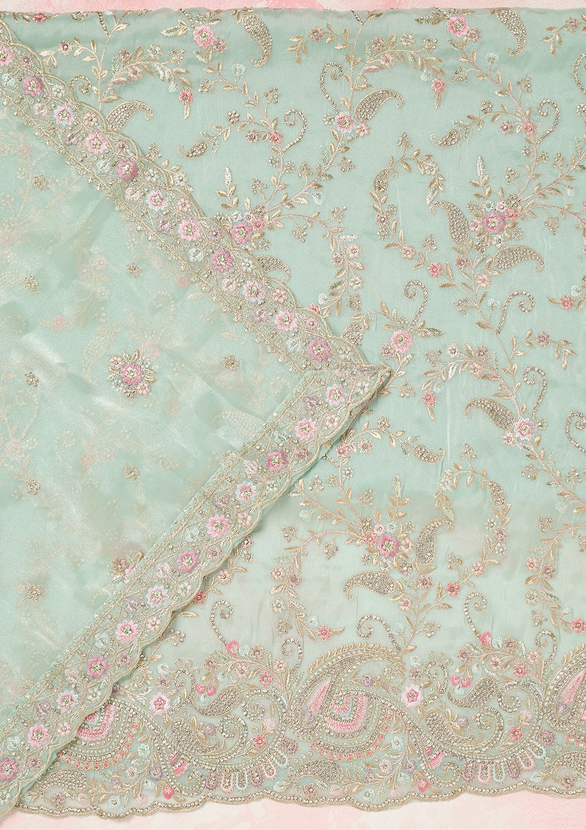 Sea Green Stonework Semi Crepe Unstitched Salwar Suit-Koskii