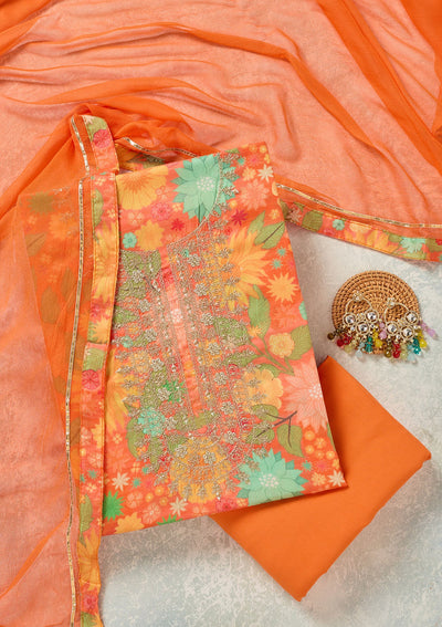 Orange Zariwork (Gold) Cotton Unstitched Salwar Suit-koskii