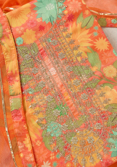 Orange Zariwork (Gold) Cotton Unstitched Salwar Suit-koskii