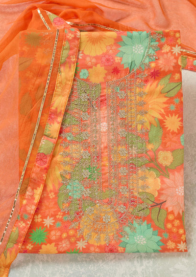 Orange Zariwork (Gold) Cotton Unstitched Salwar Suit-koskii