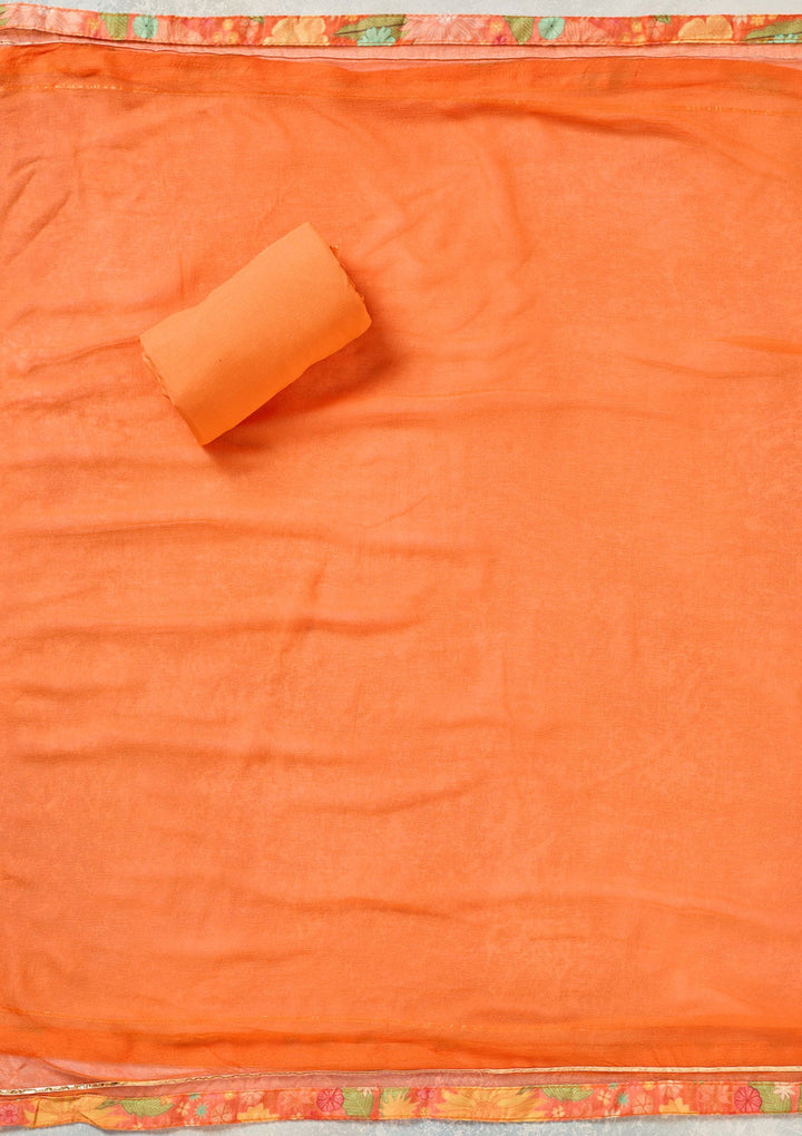 Orange Zariwork (Gold) Cotton Unstitched Salwar Suit-koskii