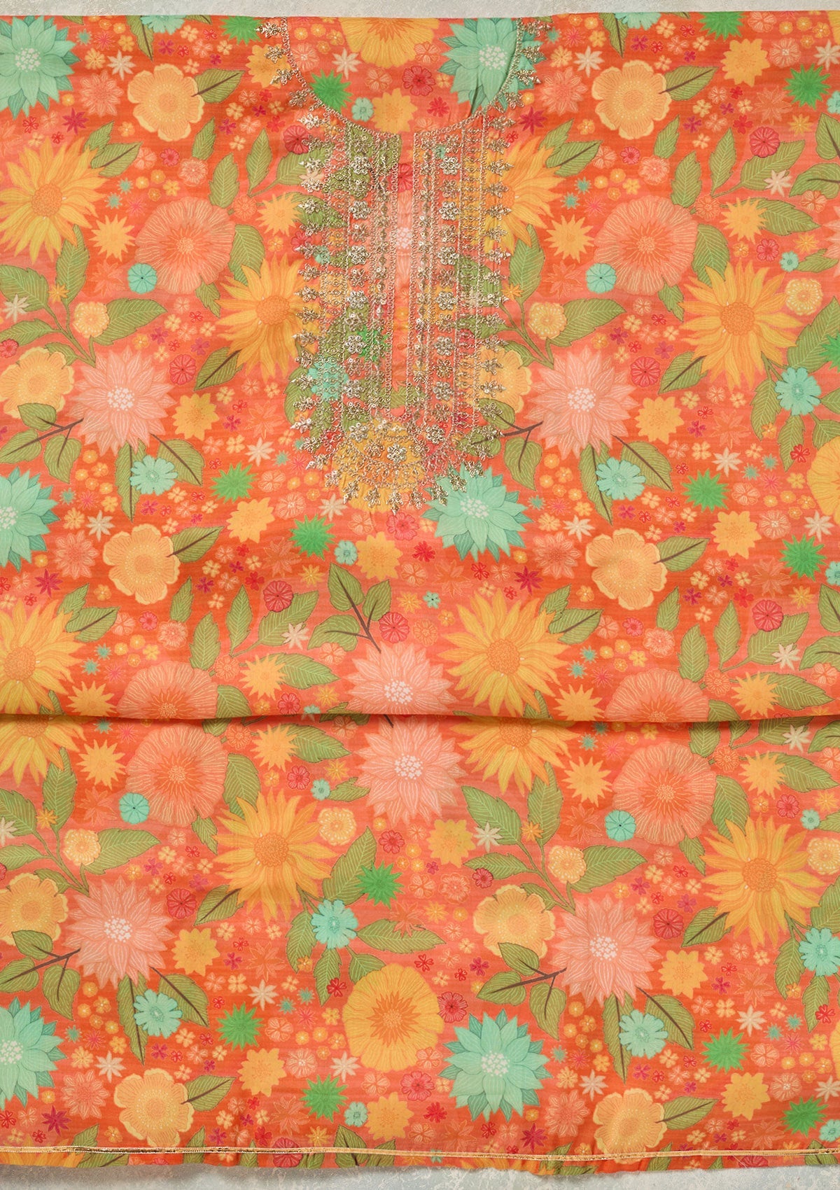 Orange Zariwork (Gold) Cotton Unstitched Salwar Suit-koskii