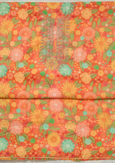 Orange Zariwork (Gold) Cotton Unstitched Salwar Suit-koskii