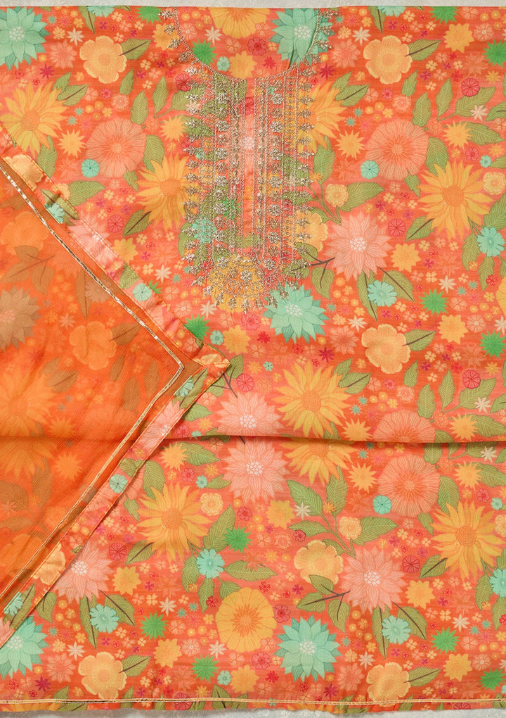 Orange Zariwork (Gold) Cotton Unstitched Salwar Suit-koskii