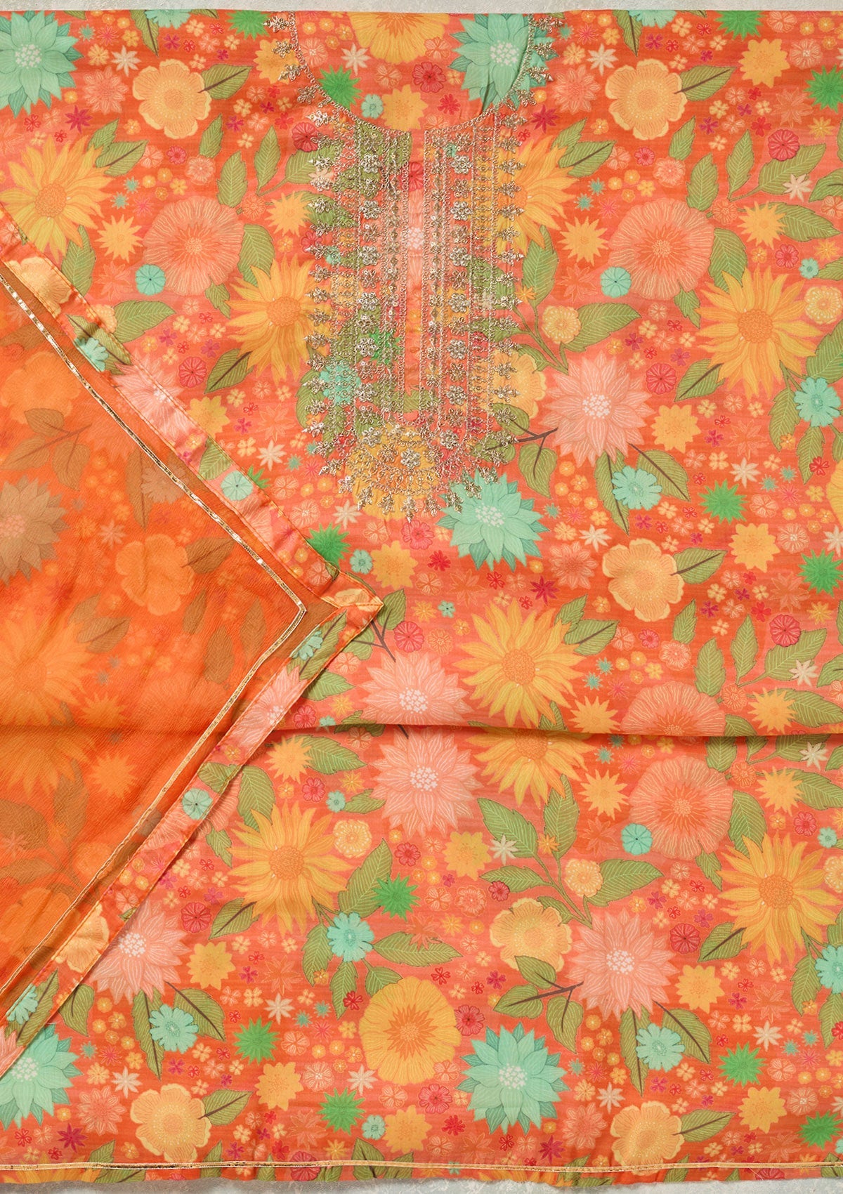 Orange Zariwork (Gold) Cotton Unstitched Salwar Suit-koskii