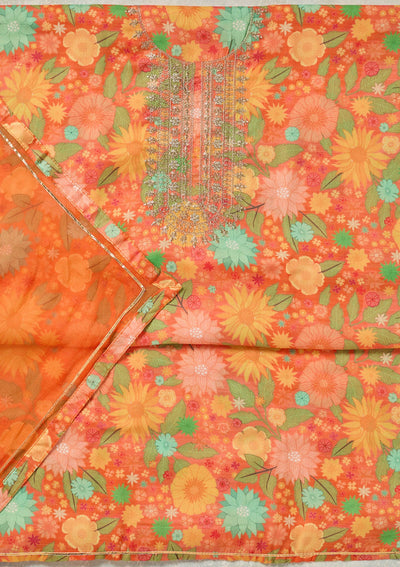 Orange Zariwork (Gold) Cotton Unstitched Salwar Suit-koskii
