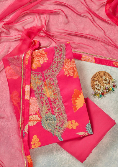 Pink Zariwork (Gold) Cotton Unstitched Salwar Suit-Koskii