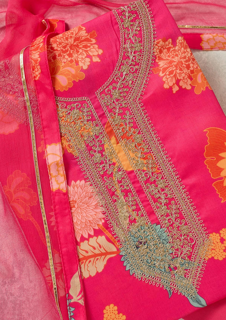 Pink Zariwork (Gold) Cotton Unstitched Salwar Suit-Koskii