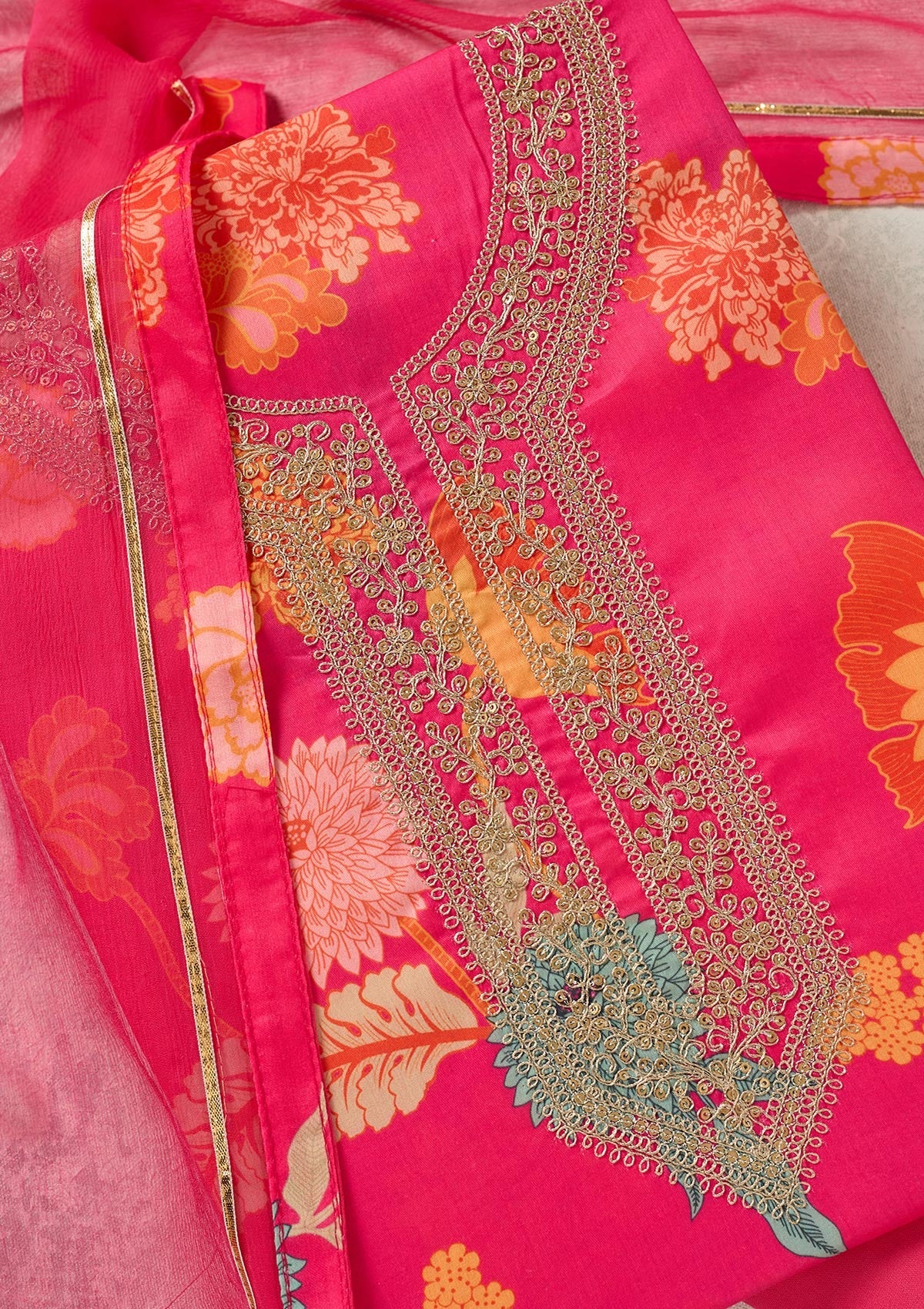 Pink Zariwork (Gold) Cotton Unstitched Salwar Suit-Koskii