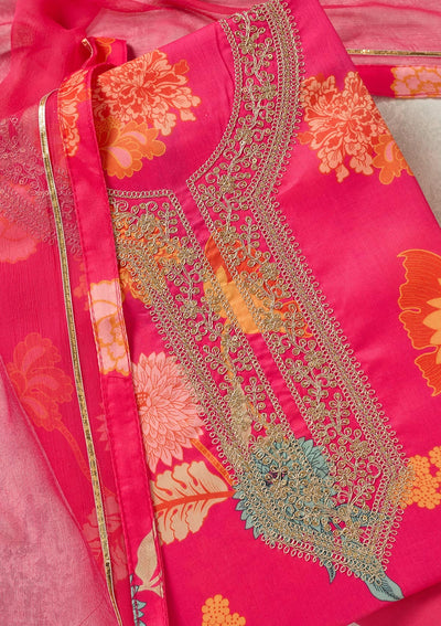 Pink Zariwork (Gold) Cotton Unstitched Salwar Suit-Koskii
