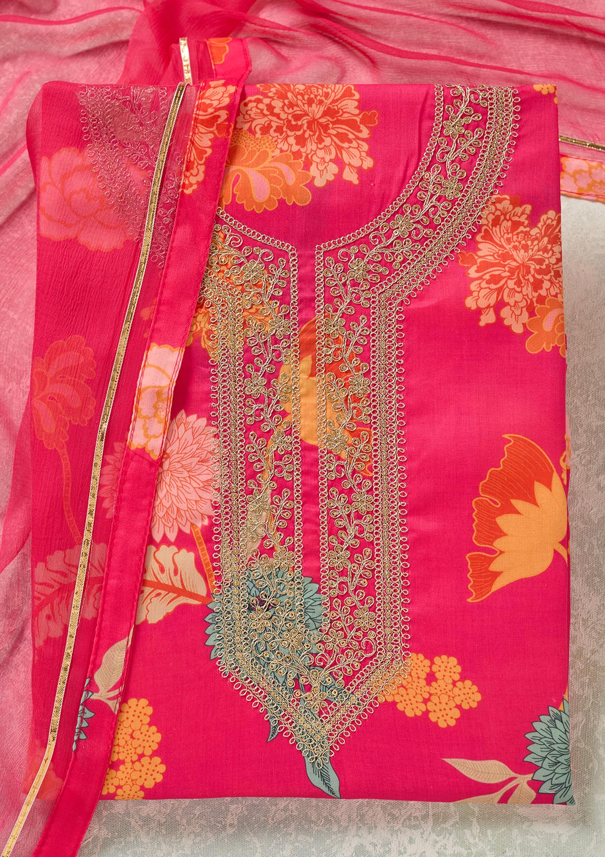 Pink Zariwork (Gold) Cotton Unstitched Salwar Suit-Koskii