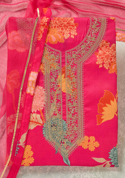 Pink Zariwork (Gold) Cotton Unstitched Salwar Suit-Koskii