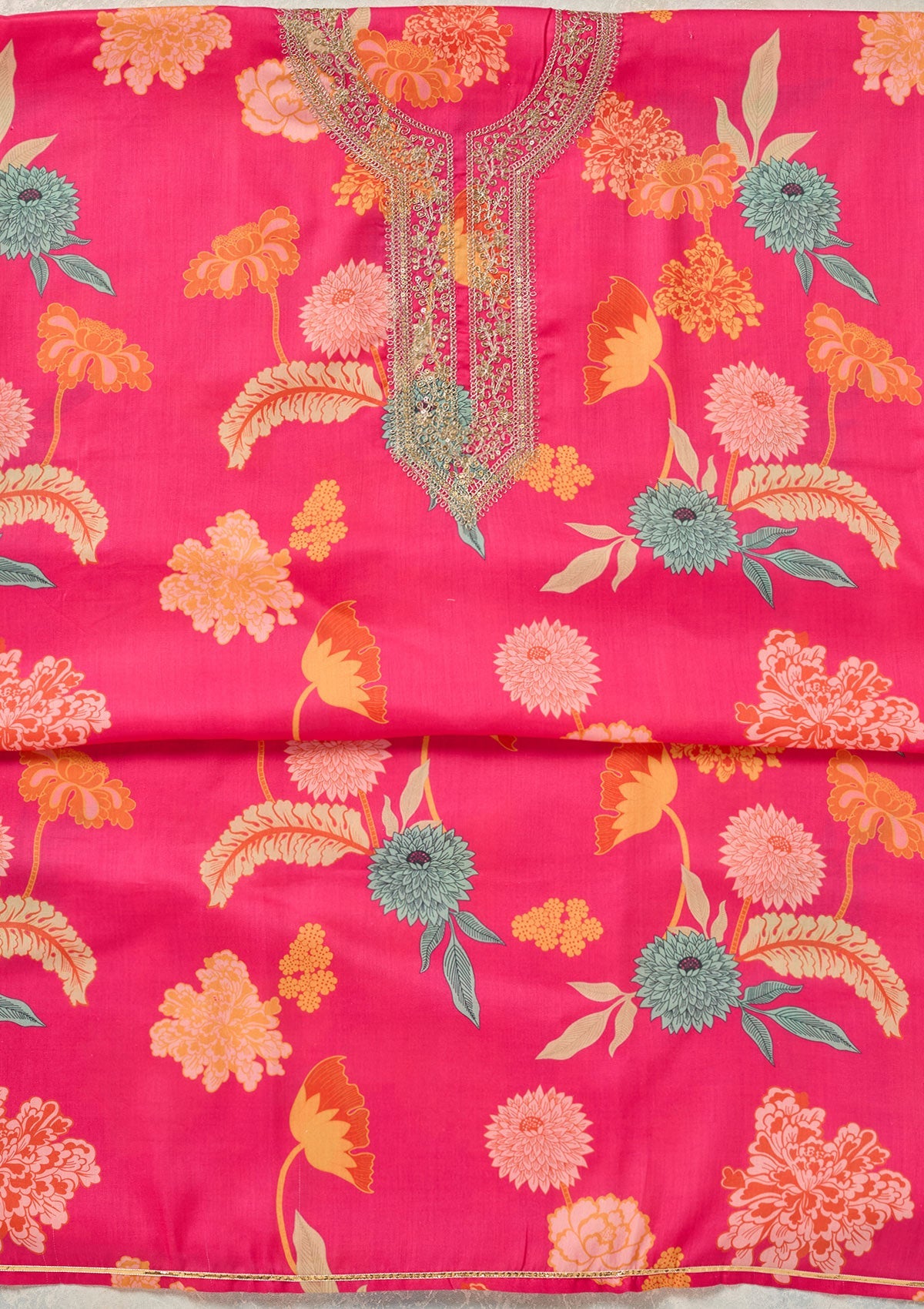 Pink Zariwork (Gold) Cotton Unstitched Salwar Suit-Koskii