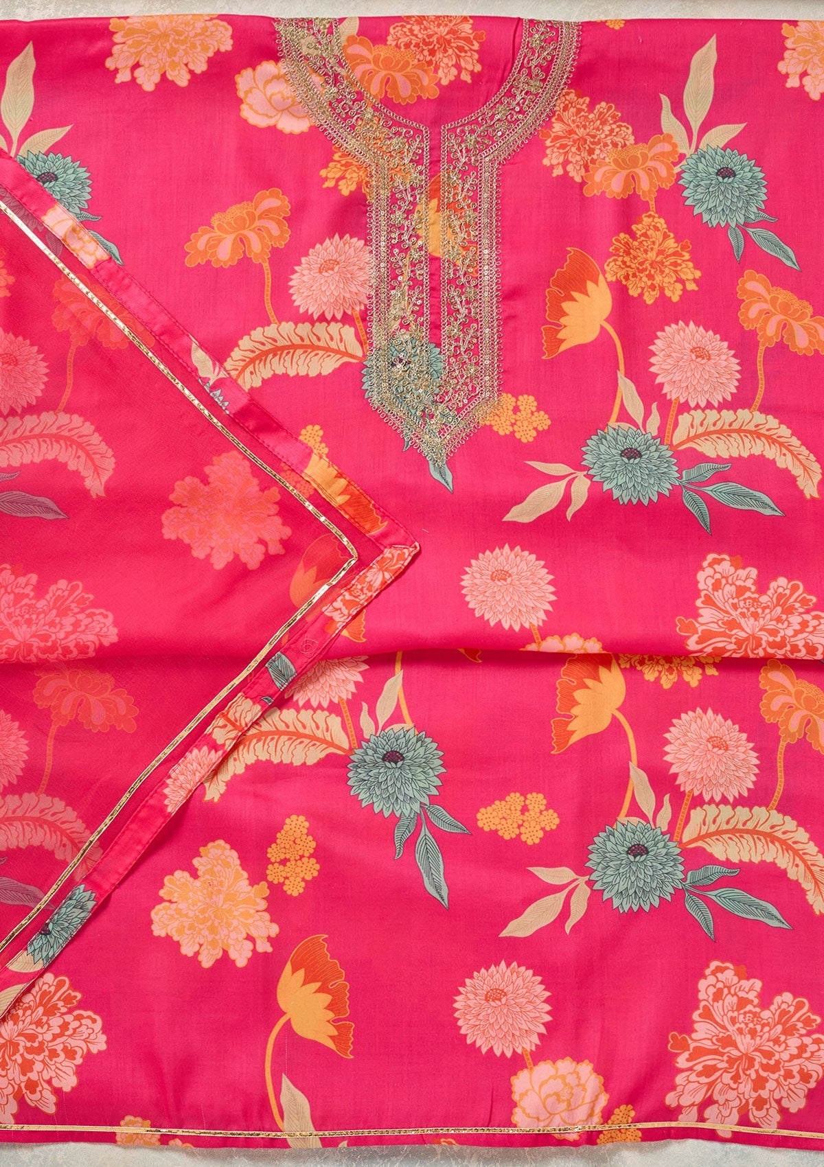 Pink Zariwork (Gold) Cotton Unstitched Salwar Suit-Koskii