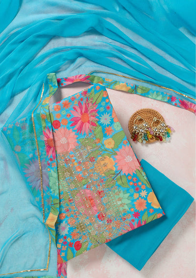 Sky Blue Zariwork (Gold) Cotton Unstitched Salwar Suit-koskii
