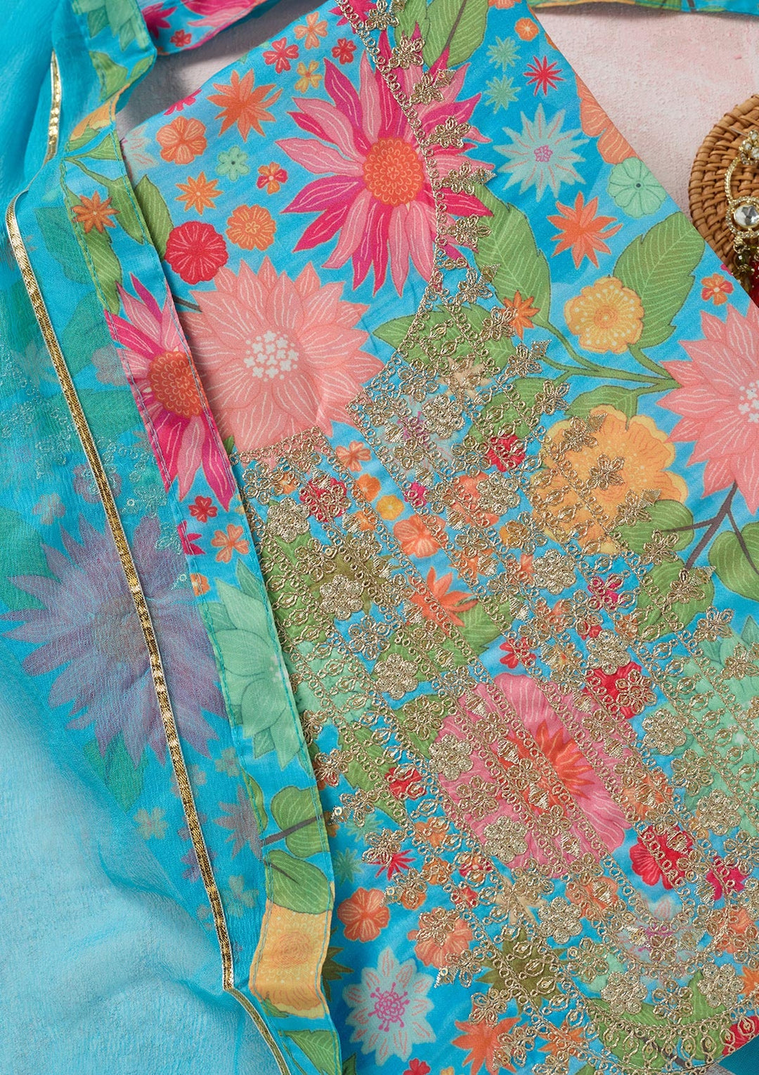 Sky Blue Zariwork (Gold) Cotton Unstitched Salwar Suit-koskii