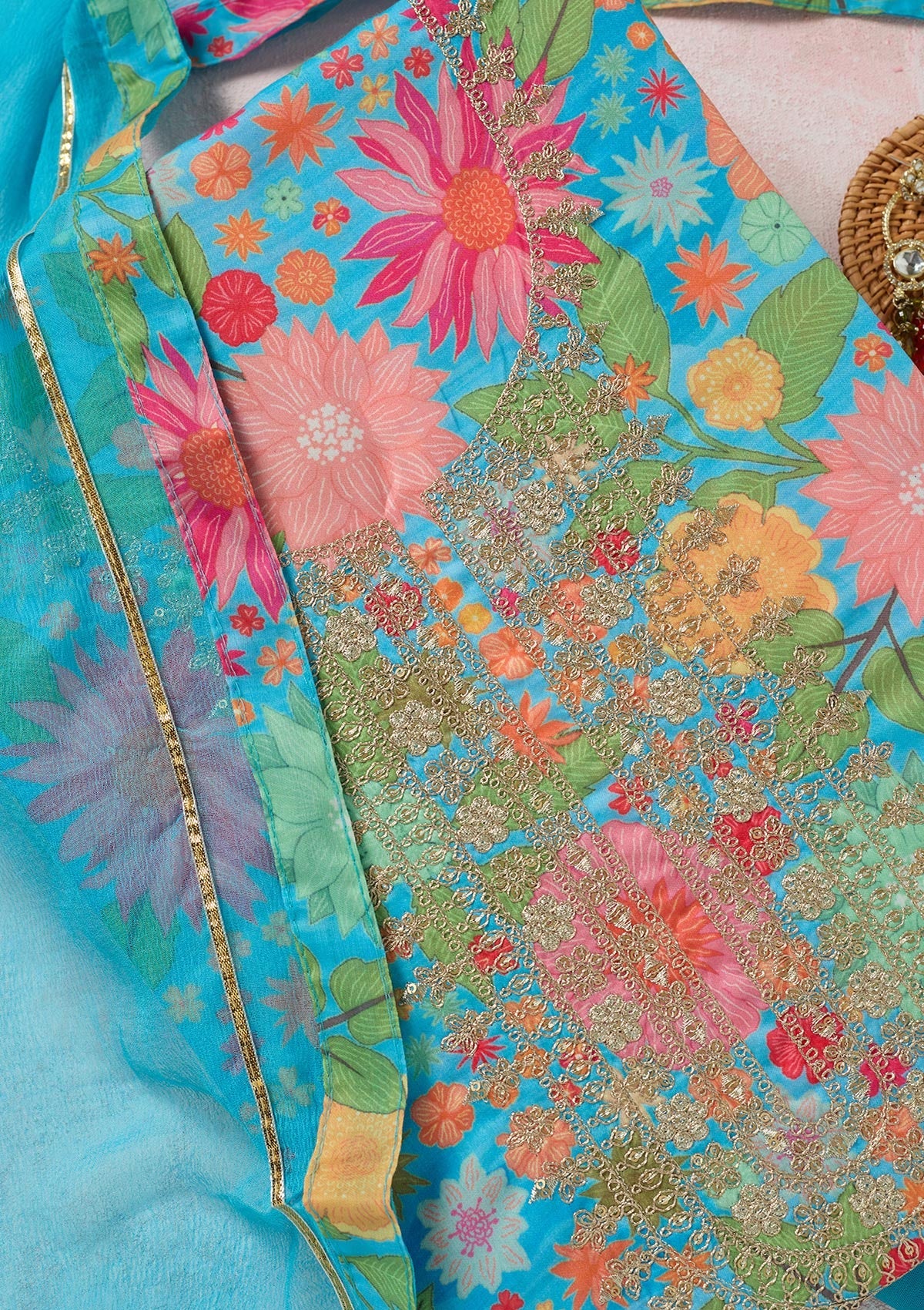 Sky Blue Zariwork (Gold) Cotton Unstitched Salwar Suit-koskii