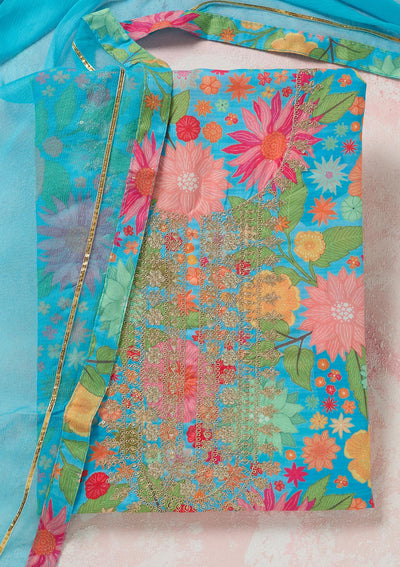 Sky Blue Zariwork (Gold) Cotton Unstitched Salwar Suit-koskii
