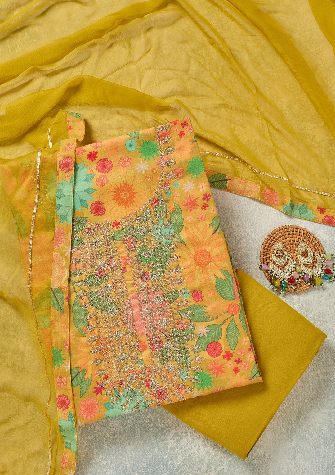 Yellow Zariwork (Gold) Cotton Unstitched Salwar Suit-koskii