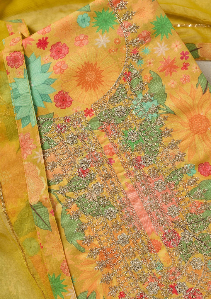 Yellow Zariwork (Gold) Cotton Unstitched Salwar Suit-koskii