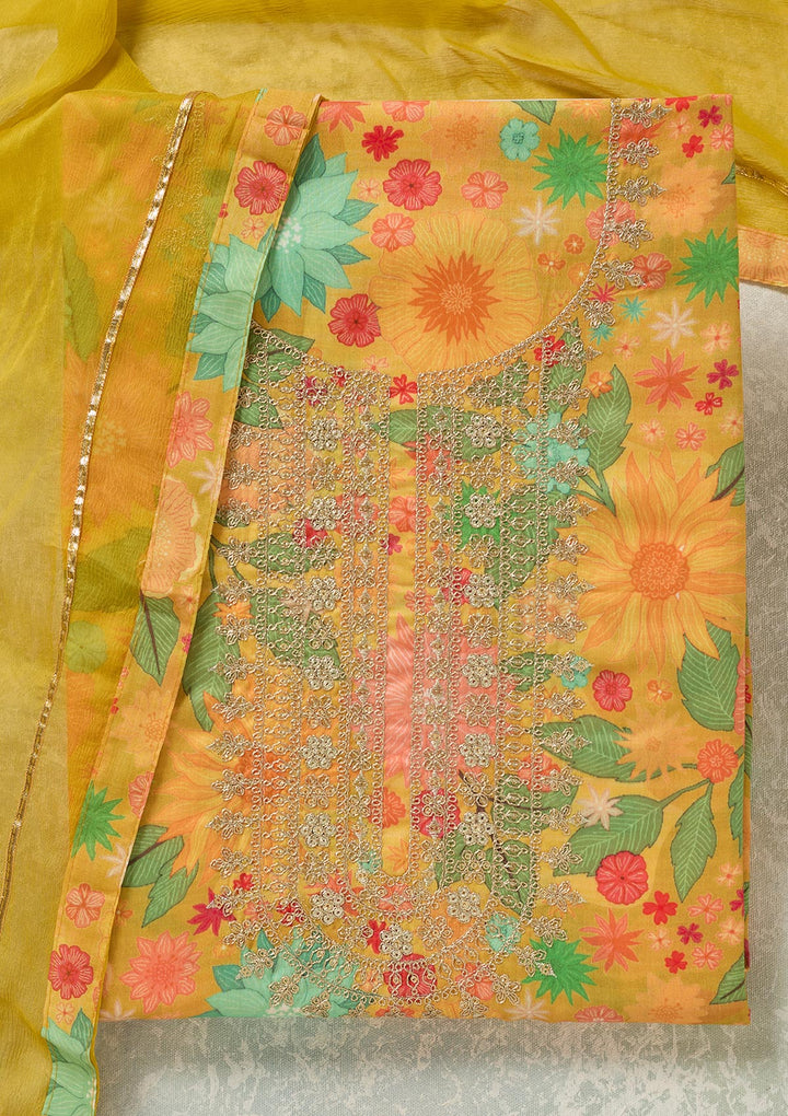 Yellow Zariwork (Gold) Cotton Unstitched Salwar Suit-koskii