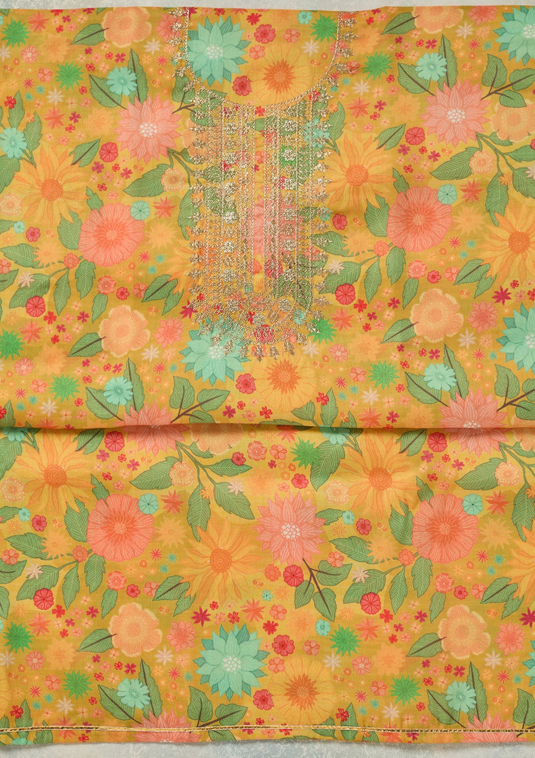 Yellow Zariwork (Gold) Cotton Unstitched Salwar Suit-koskii