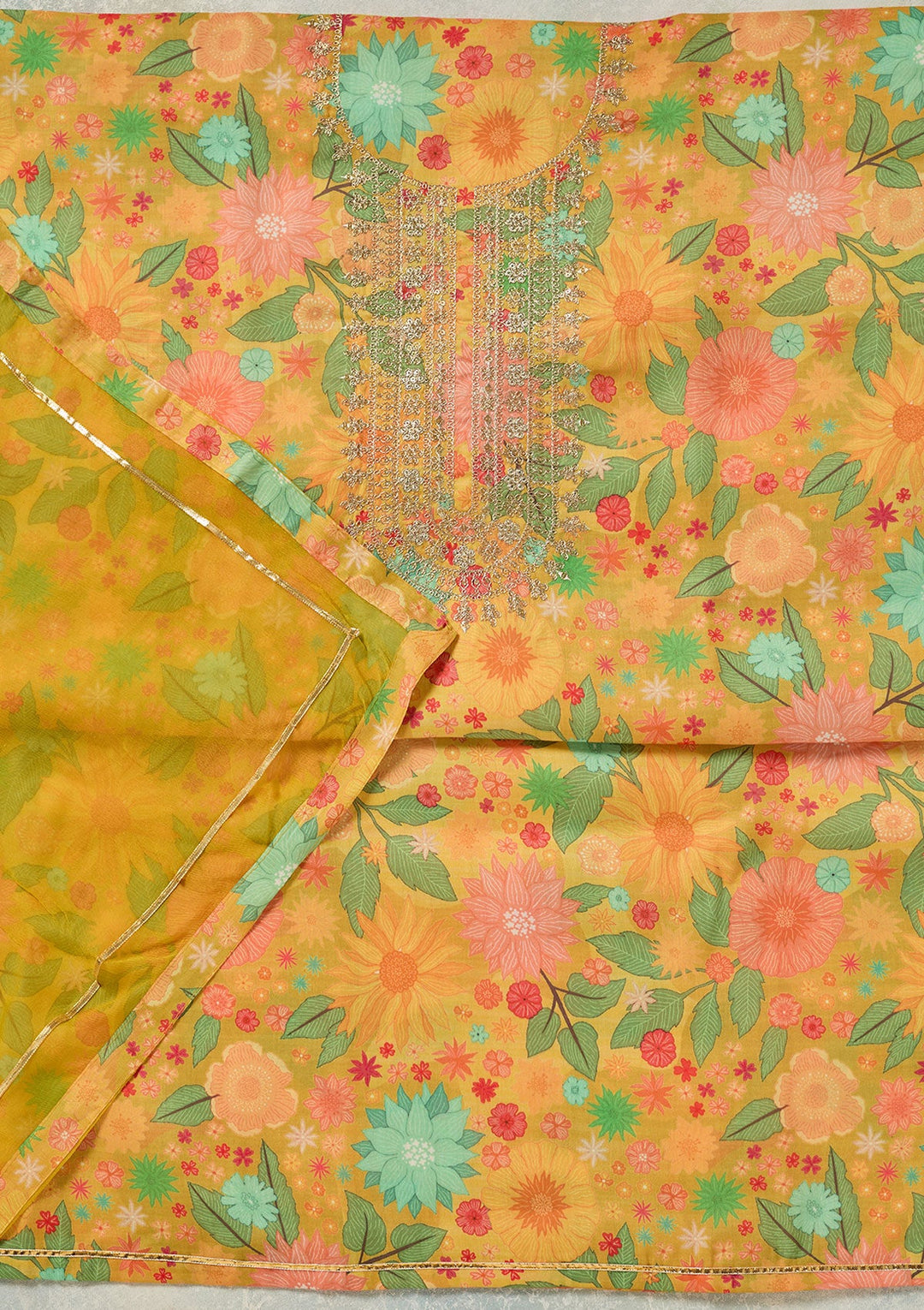 Yellow Zariwork (Gold) Cotton Unstitched Salwar Suit-koskii
