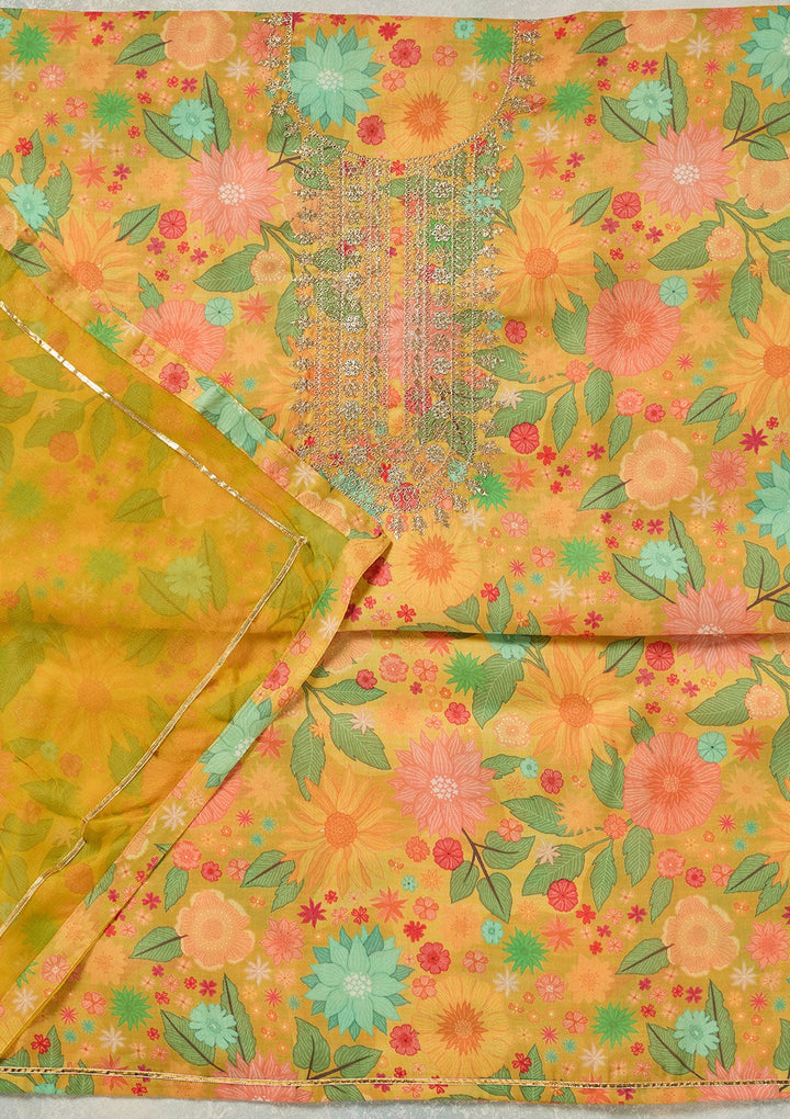 Yellow Zariwork (Gold) Cotton Unstitched Salwar Suit-koskii