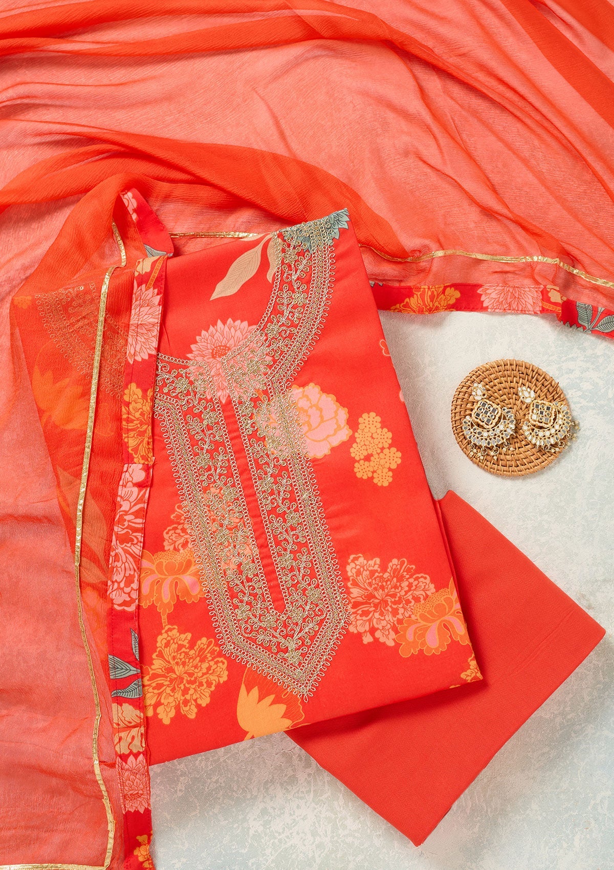 Orange Zariwork (Gold) Cotton Unstitched Salwar Suit-Koskii