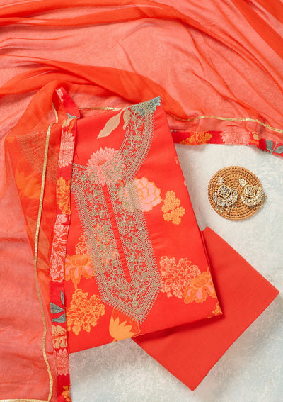 Orange Zariwork (Gold) Cotton Unstitched Salwar Suit-Koskii