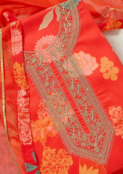 Orange Zariwork (Gold) Cotton Unstitched Salwar Suit-Koskii