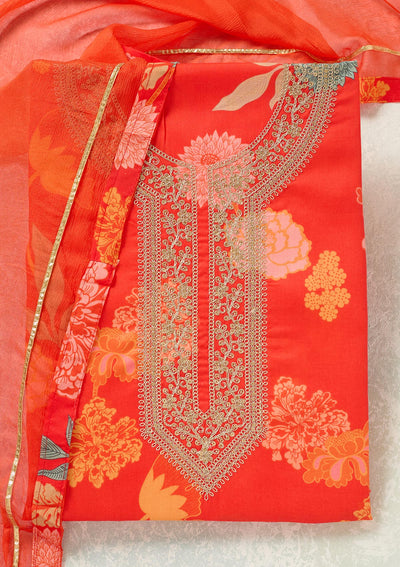 Orange Zariwork (Gold) Cotton Unstitched Salwar Suit-Koskii