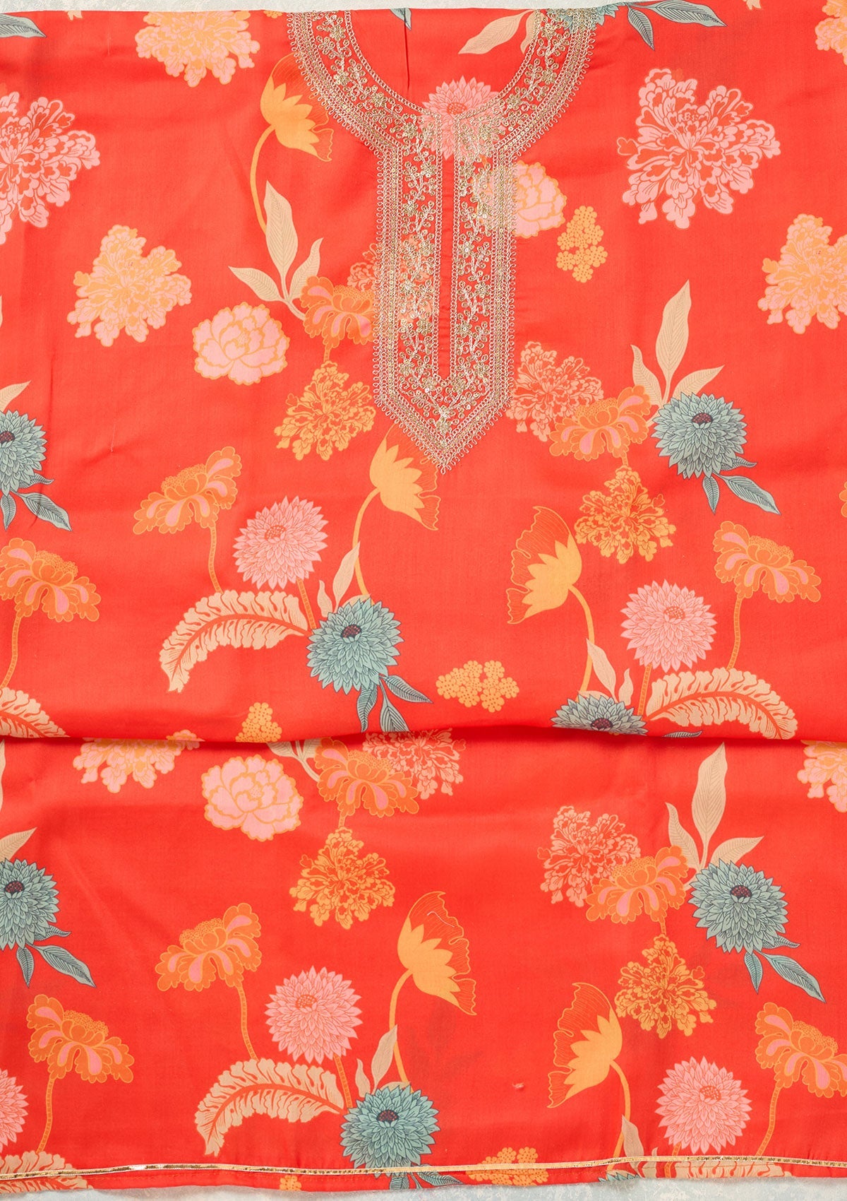 Orange Zariwork (Gold) Cotton Unstitched Salwar Suit-Koskii