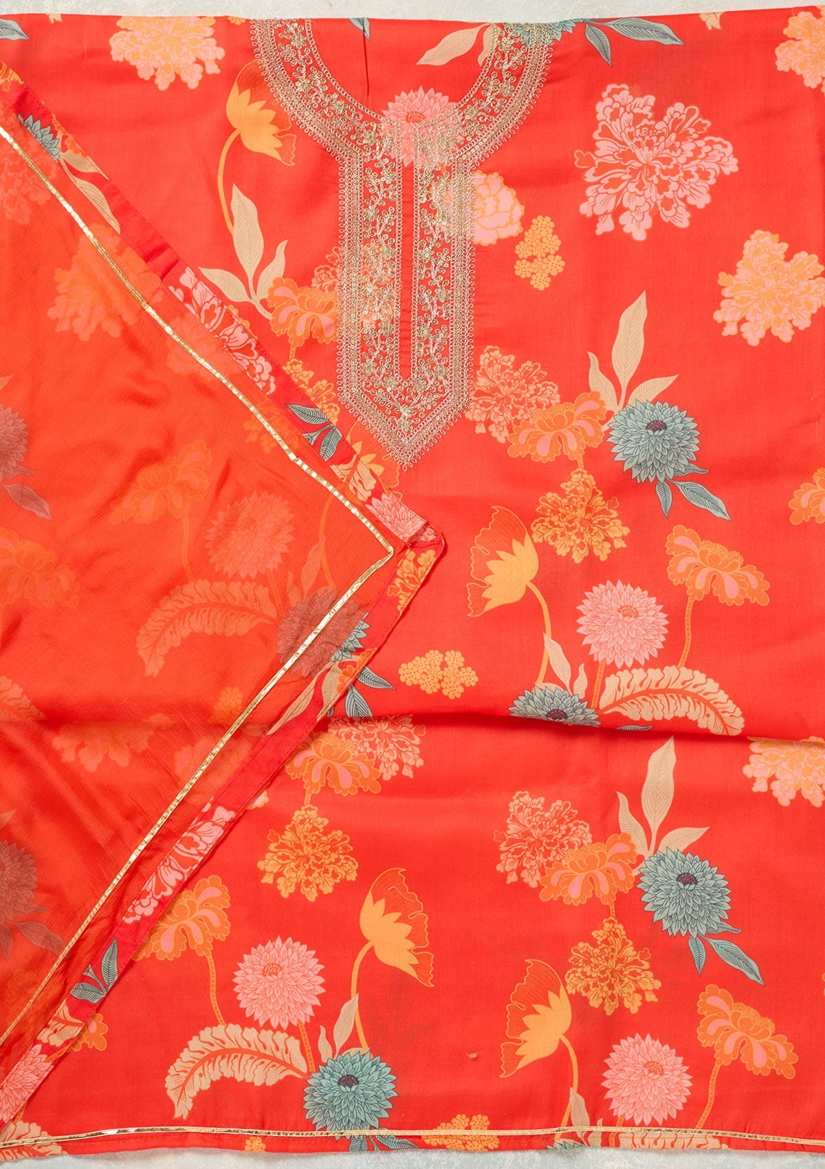 Orange Zariwork (Gold) Cotton Unstitched Salwar Suit-Koskii